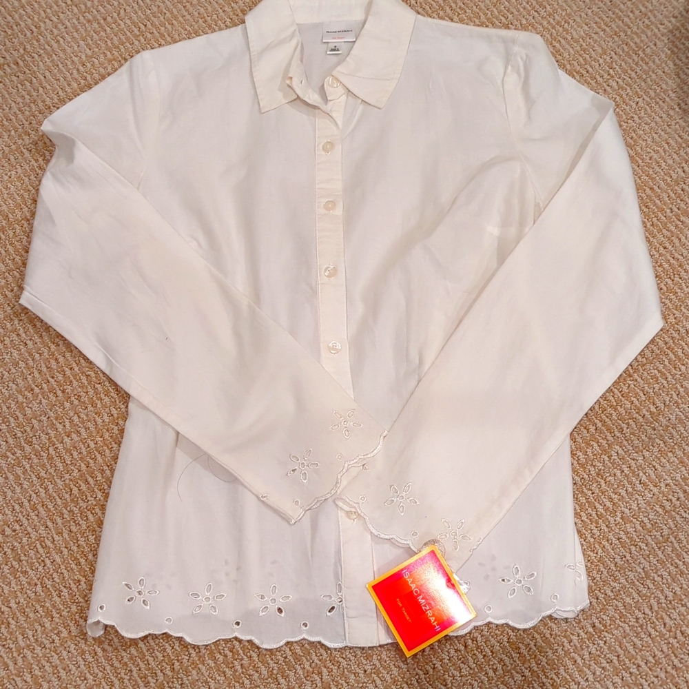 Isaac Mizrahi button down white shirt with flower cutouts